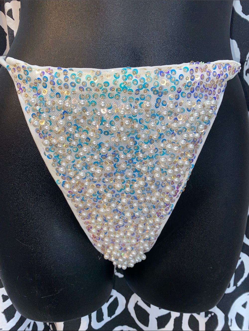 PEARL/SEQUIN IVORY BIKINI DRAWSTRING BOTTOMS SZ S